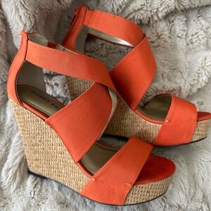 Audrey Brooke Bright Orange Canvas Crisscross Wedge Sandals